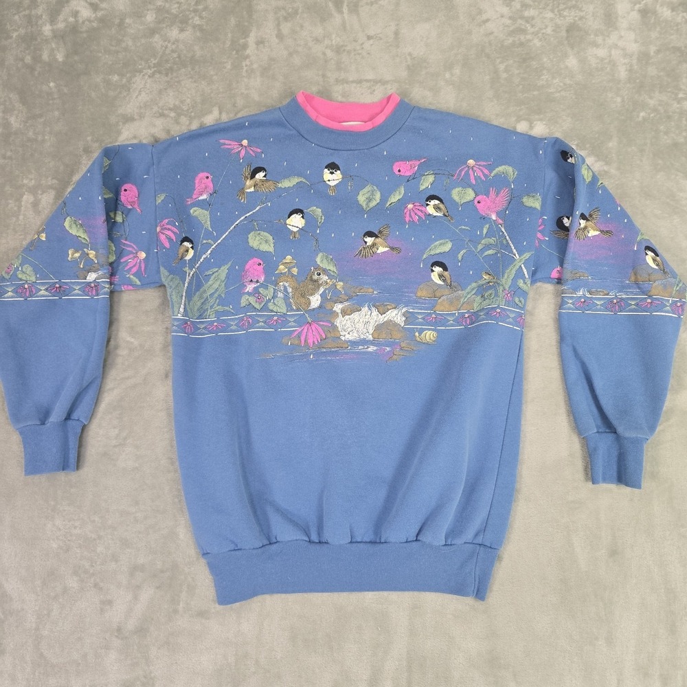 VTG Artisans Double Collar Birds Nature Sweatshirt S/M‎ Blue Pink Grannycore 90s